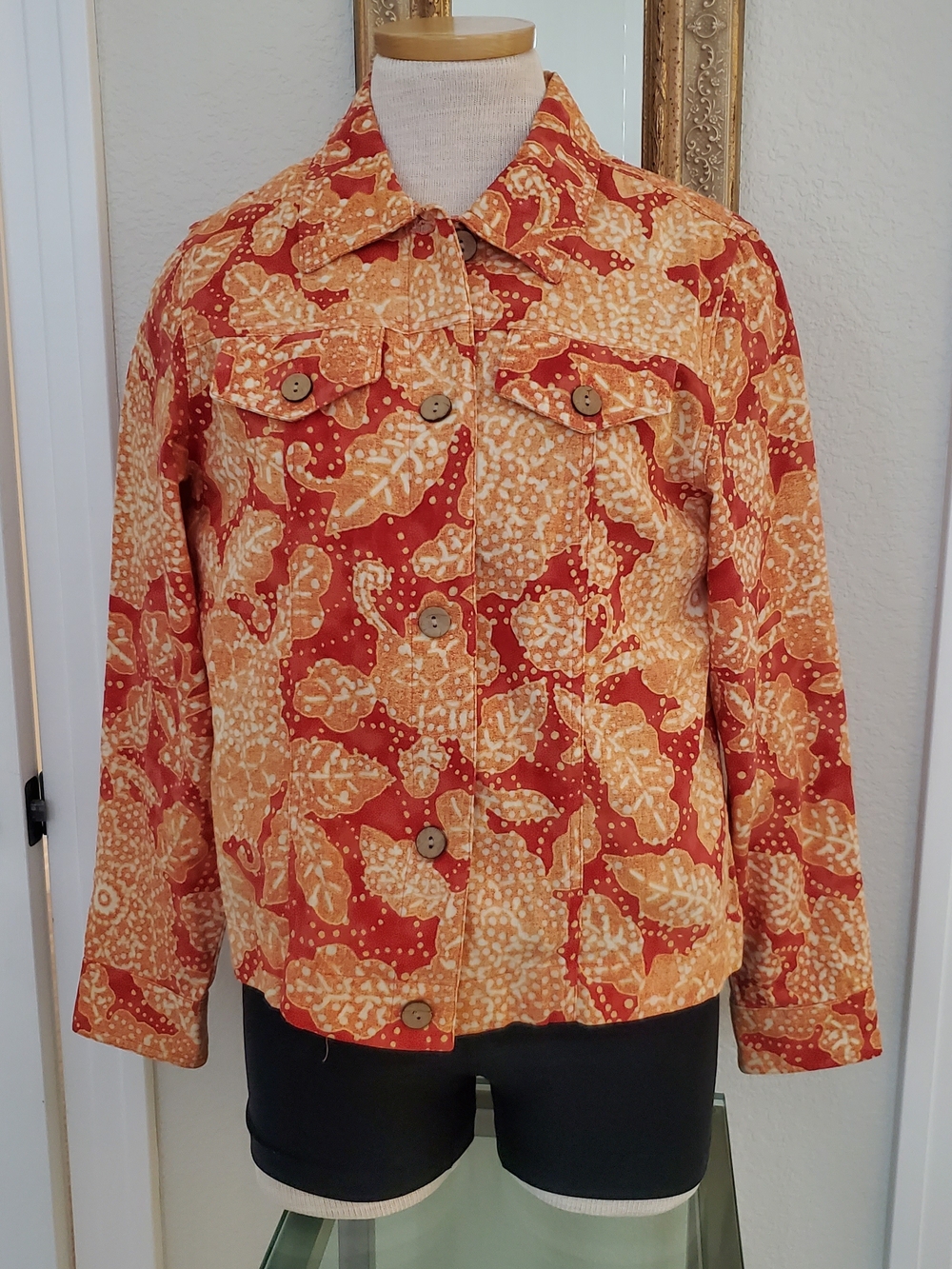 Coldwater Creek Orange & Cream Leaf-Print Jean Linen Jacket